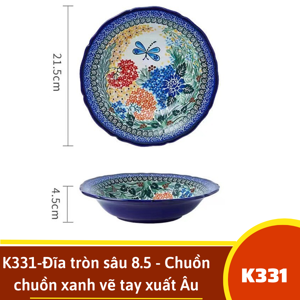 K331-Đĩa tròn sâu 8.5 - Chuồn chuồn xanh vẽ tay xuất Âu