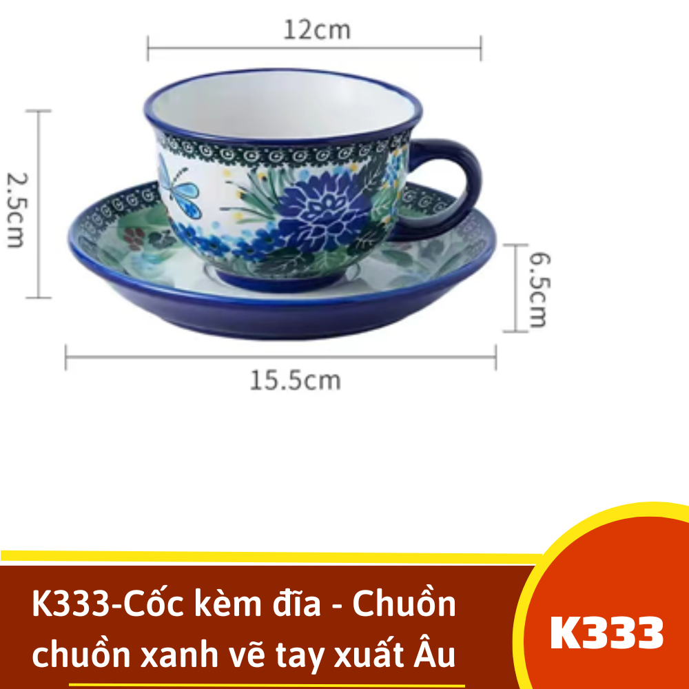 K333-Cốc kèm đĩa - Chuồn chuồn xanh vẽ tay xuất Âu