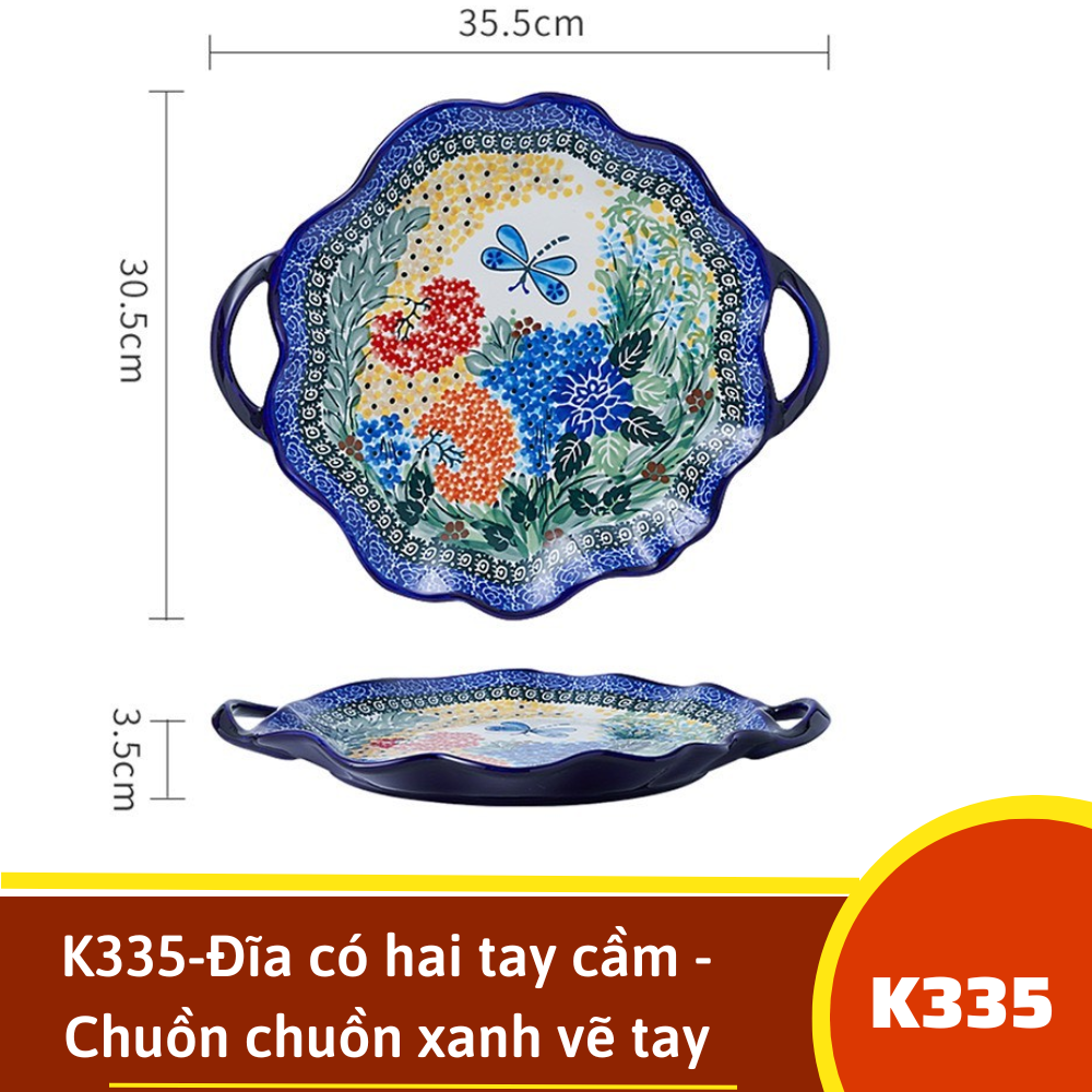 K335-Đĩa có hai tay cầm - Chuồn chuồn xanh vẽ tay xuất Âu