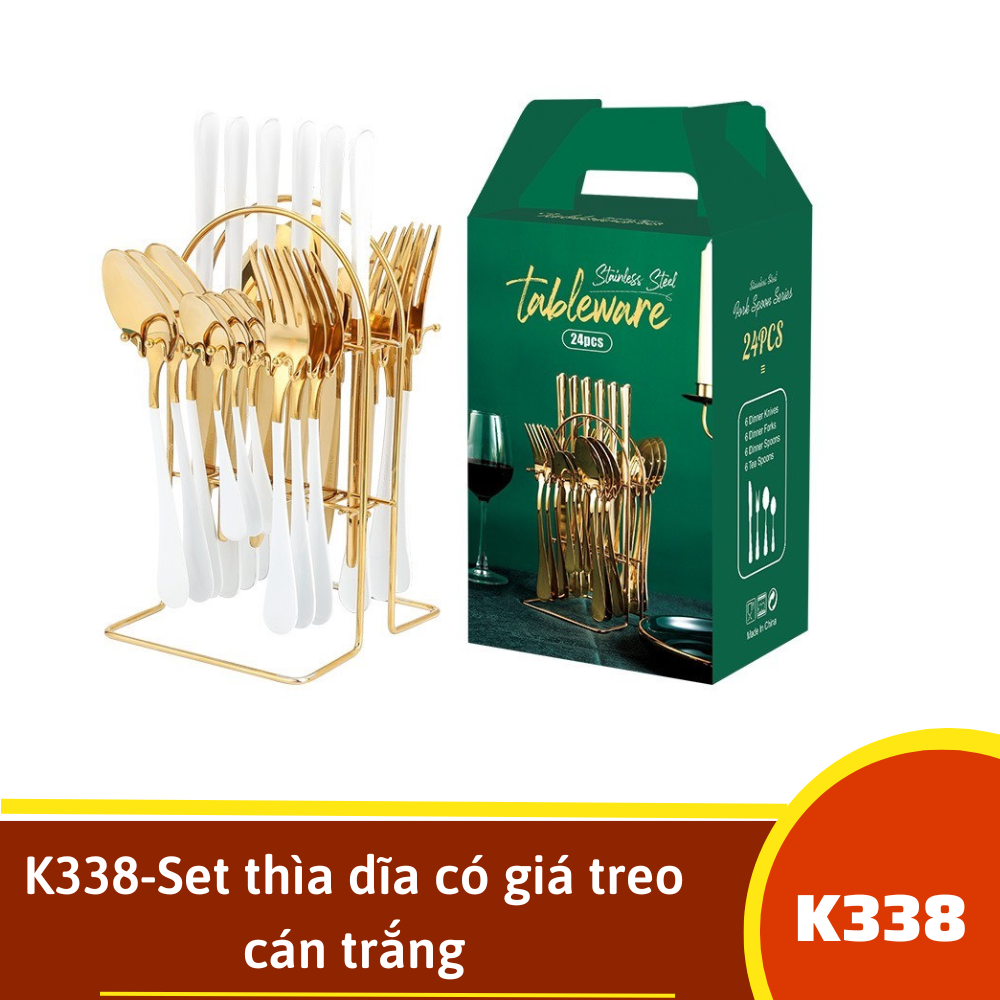 K338-Set thìa dĩa có giá treo cán trắng