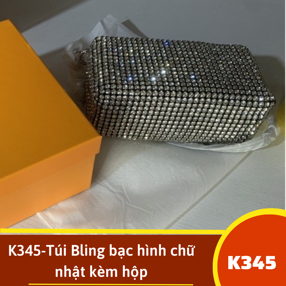 K345-Túi Bling bạc hình chữ nhật kèm hộp