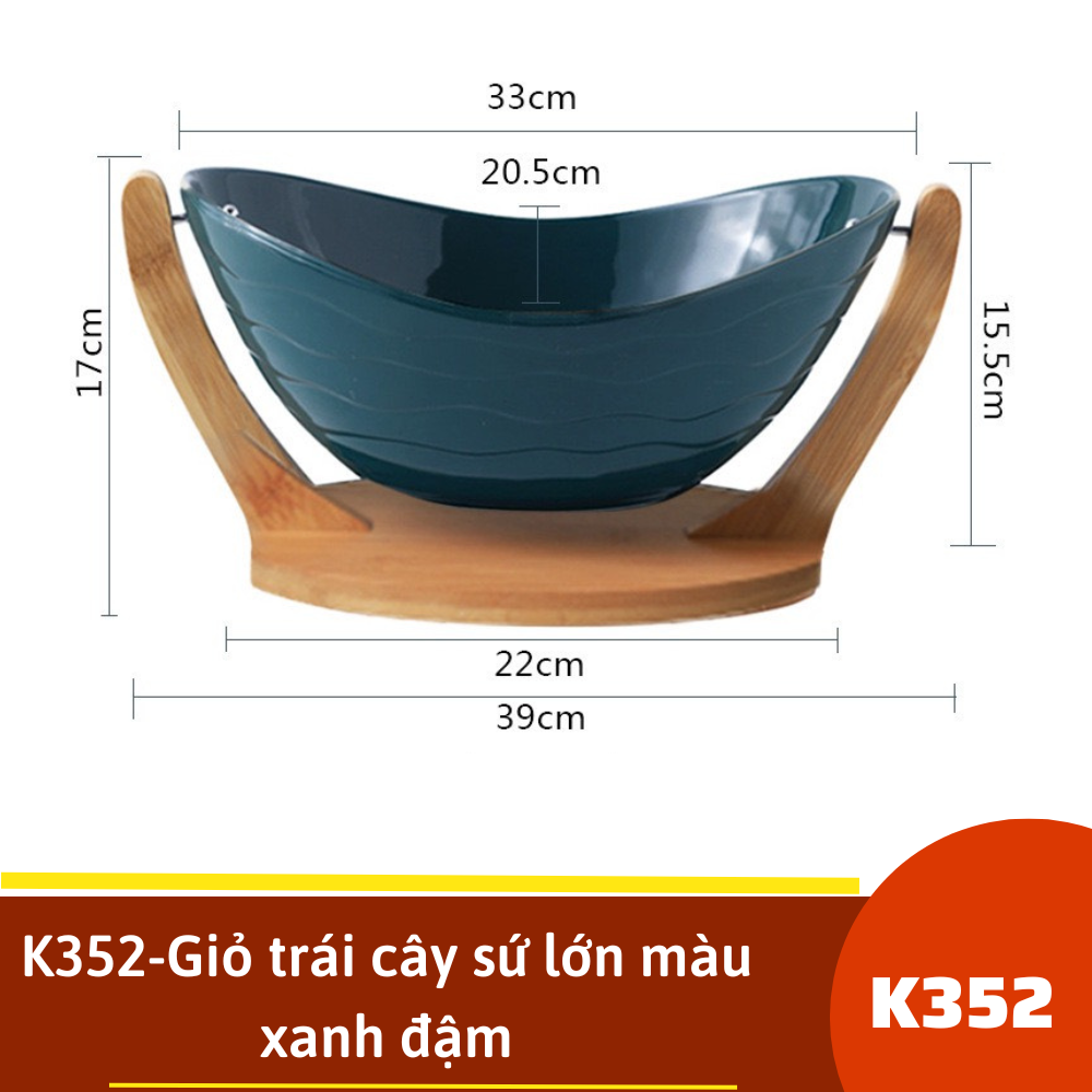 K352-Giỏ trái cây sứ lớn màu xanh đậm