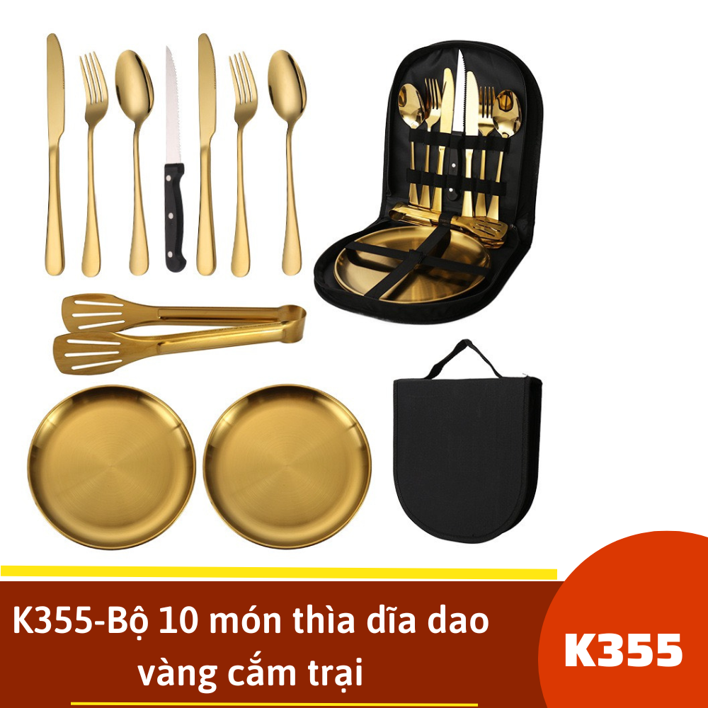 K355-Bộ 10 món thìa dĩa dao vàng cắm trại