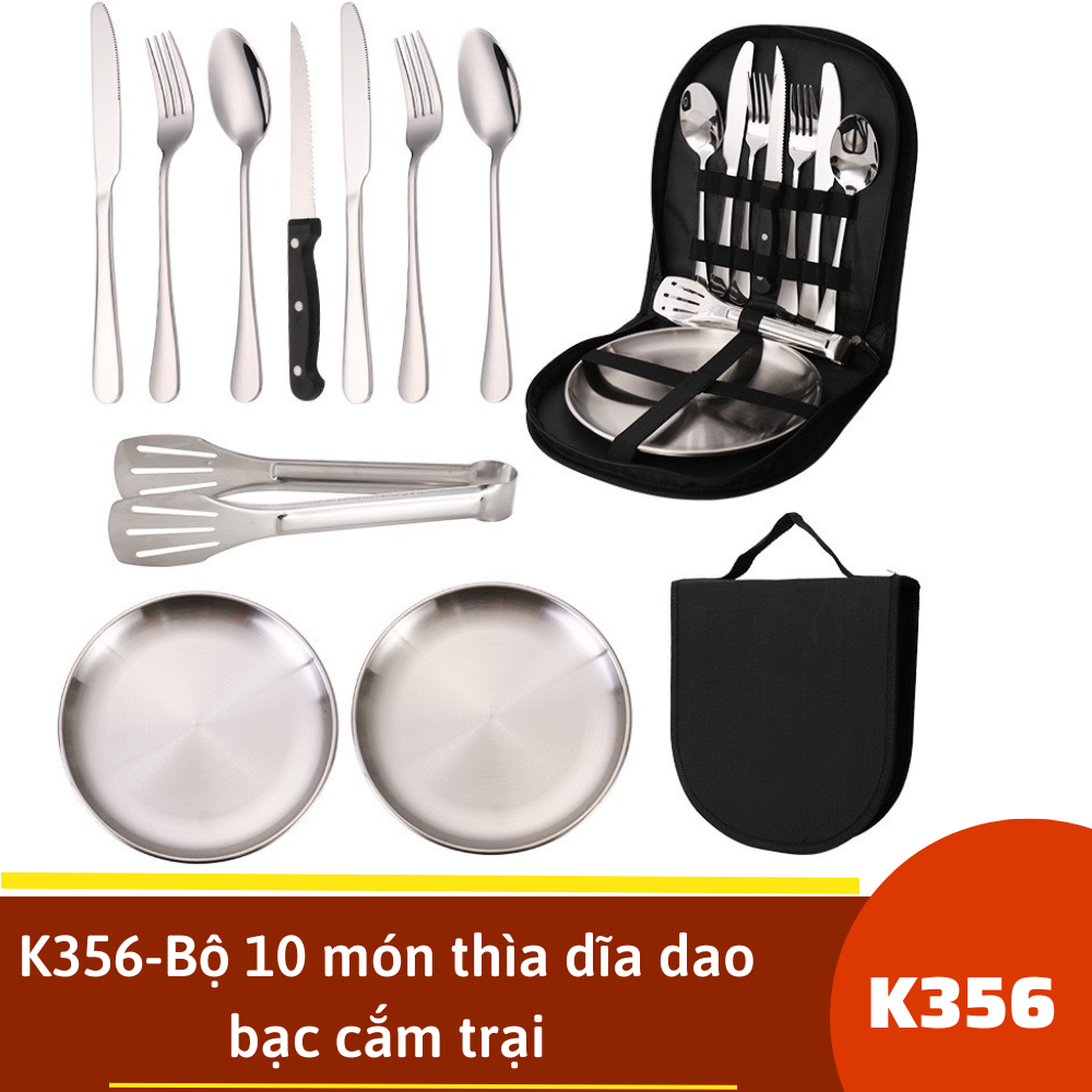 K356-Bộ 10 món thìa dĩa dao bạc cắm trại