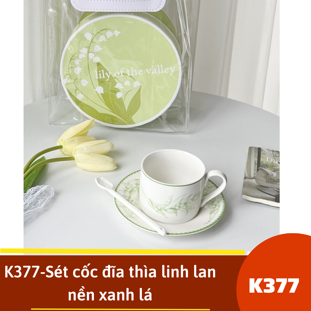 K377-Sét cốc đĩa thìa linh lan nền xanh lá