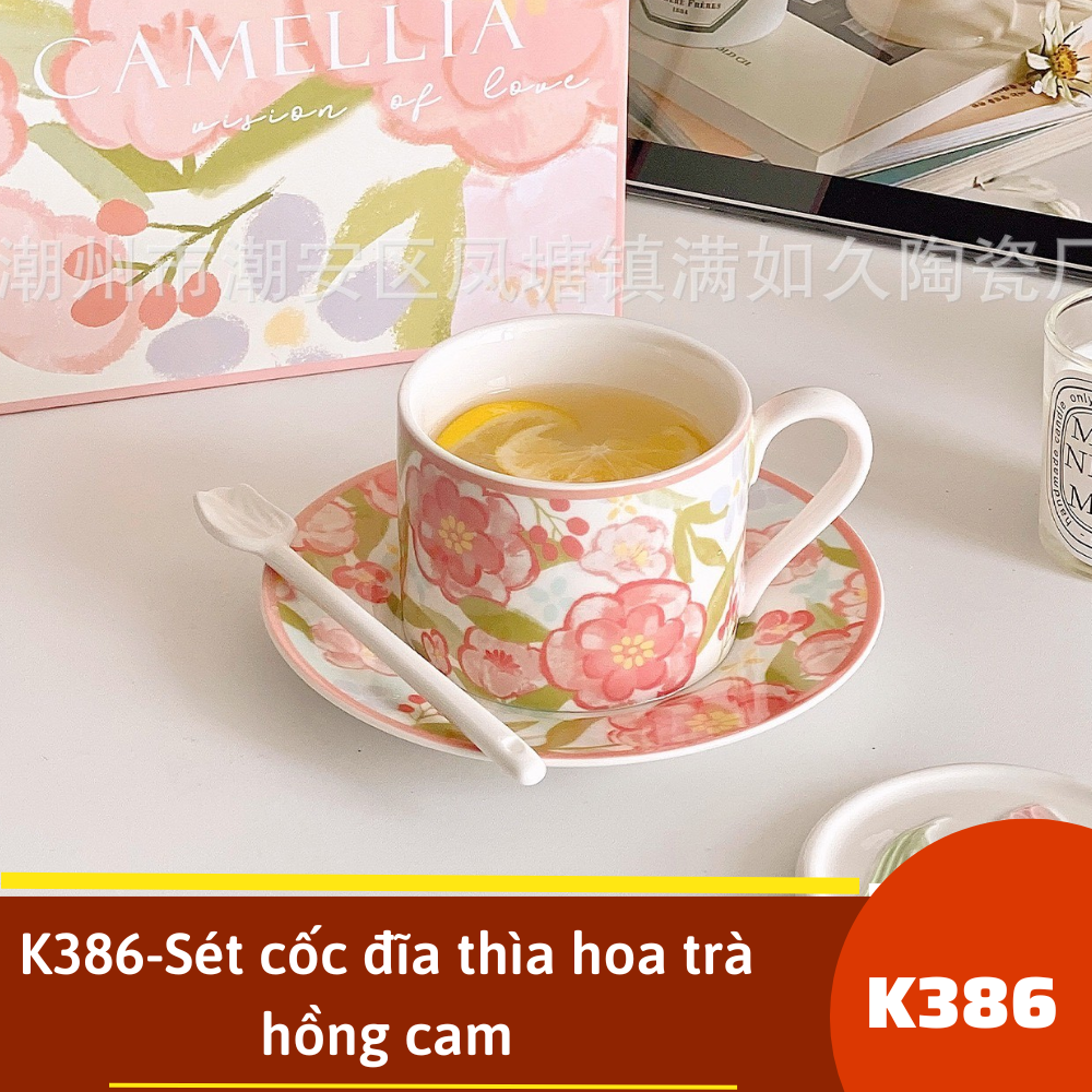 K386-Sét cốc đĩa thìa hoa trà hồng cam