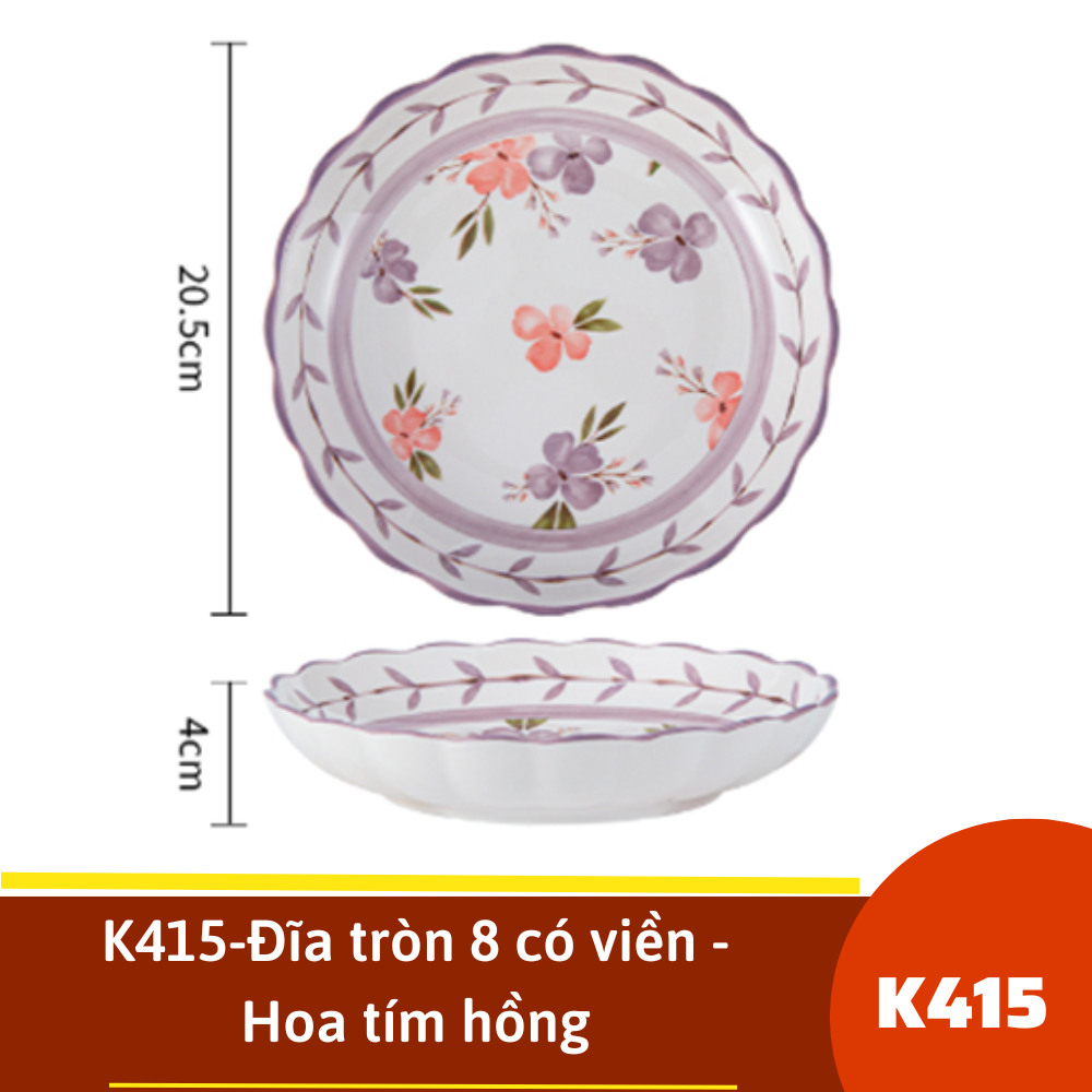 K415-Đĩa tròn 8 có viền - Hoa tím hồng