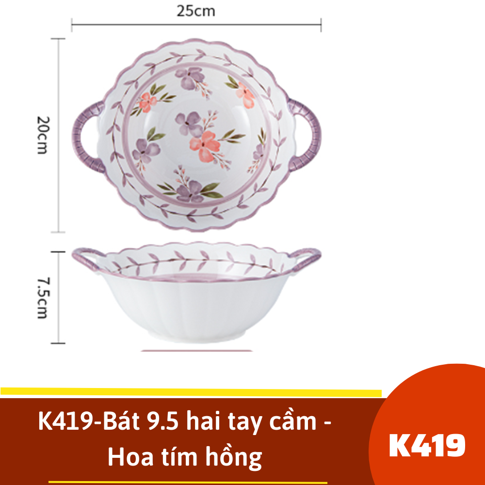 K419-Bát 9.5 hai tay cầm - Hoa tím hồng