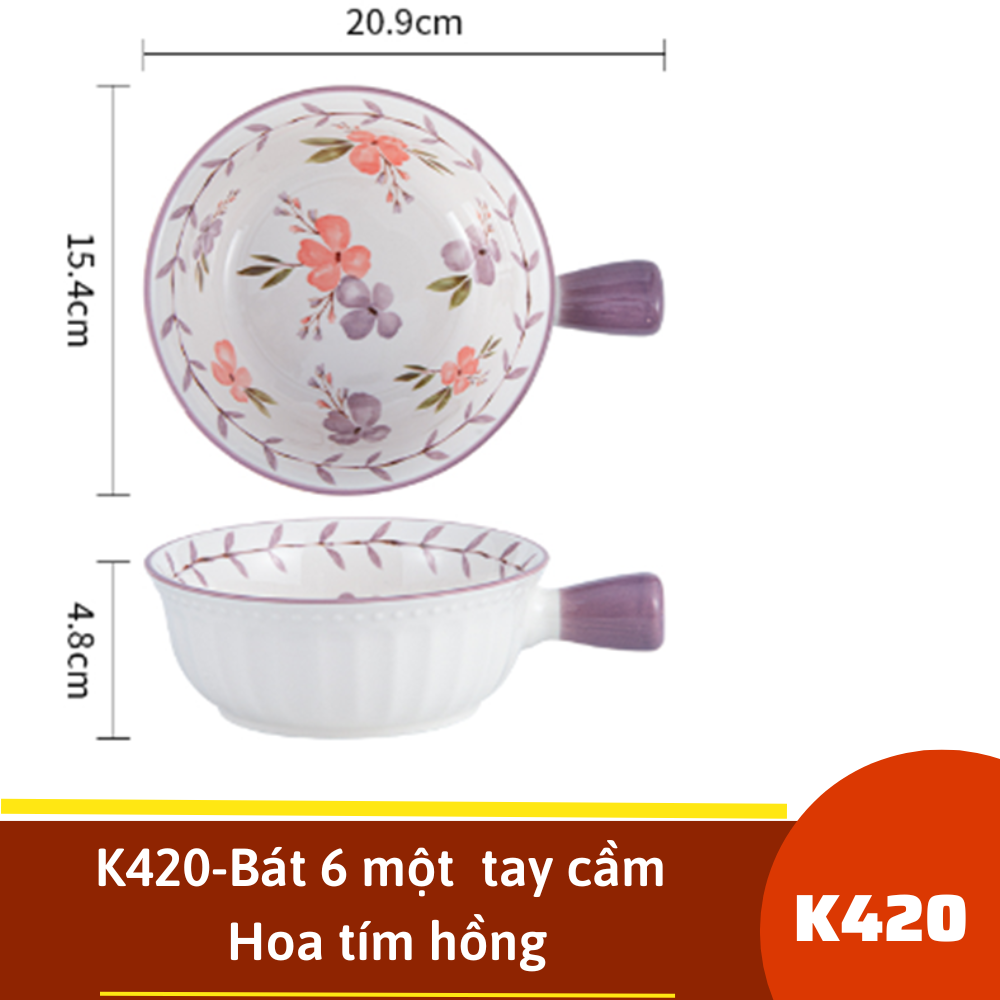 K420-Bát 6 một  tay cầm - Hoa tím hồng