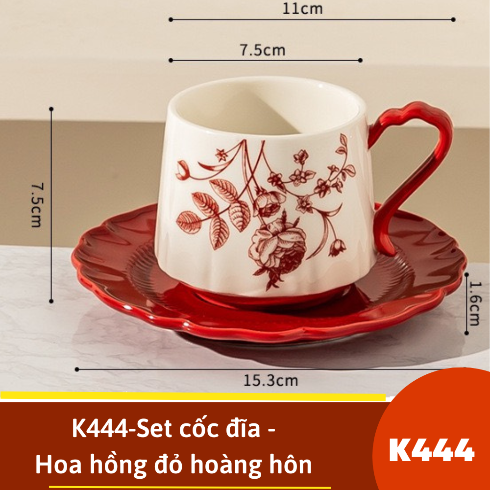 K444-Set cốc đĩa - Hoa hồng đỏ hoàng hôn