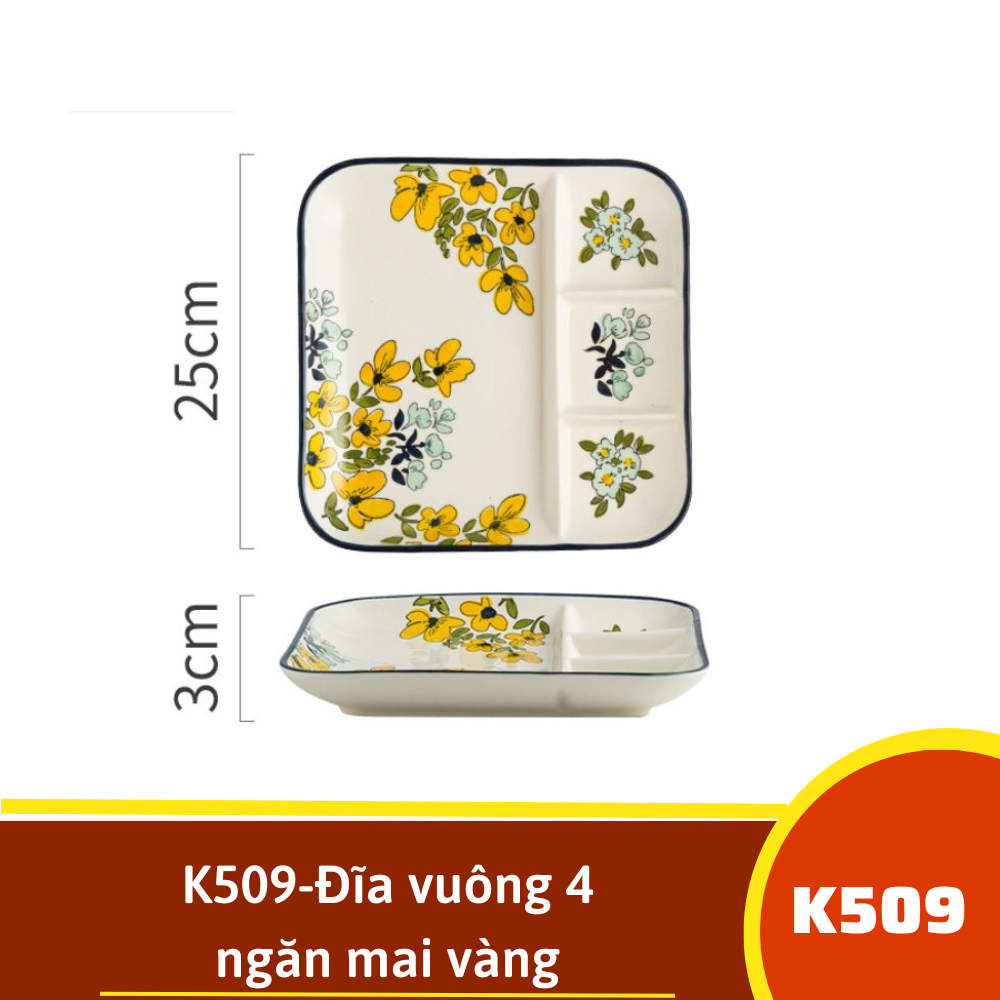 K509-Đĩa vuông 4 ngăn mai vàng