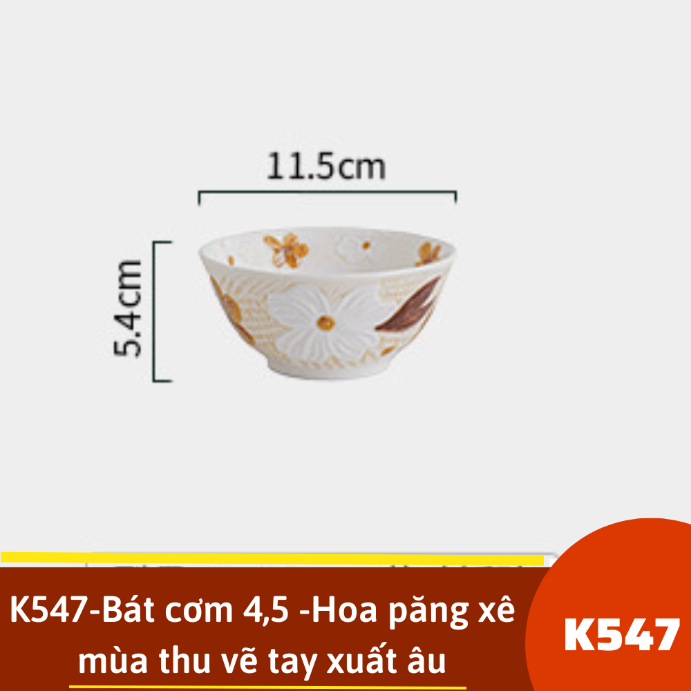 K547-Bát cơm 4,5 -Hoa păng xê mùa thu vẽ tay xuất âu