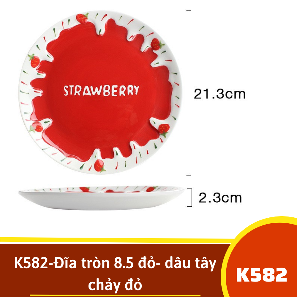 K582-Đĩa tròn 8.5 đỏ- dâu tây chảy đỏ