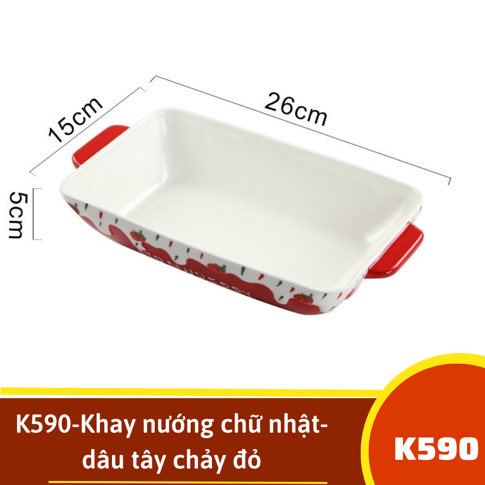 K590-Khay nướng chữ nhật- dâu tây chảy đỏ