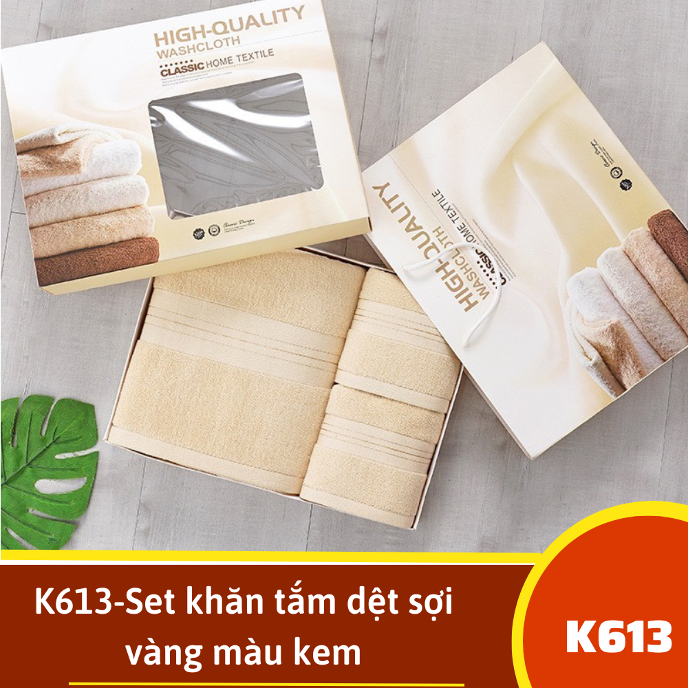 K613-Set khăn tắm dệt sợi vàng màu kem