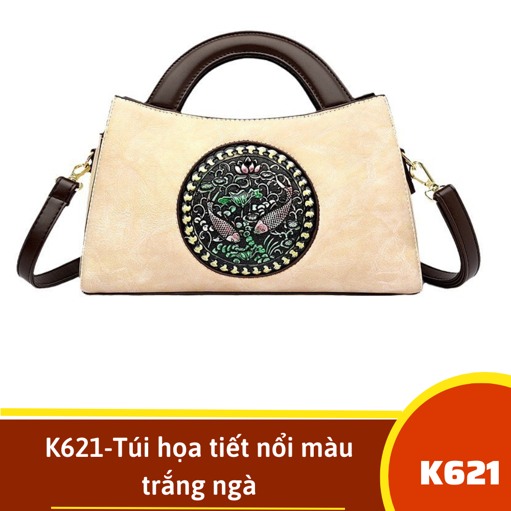 K621-Túi họa tiết nổi màu trắng ngà