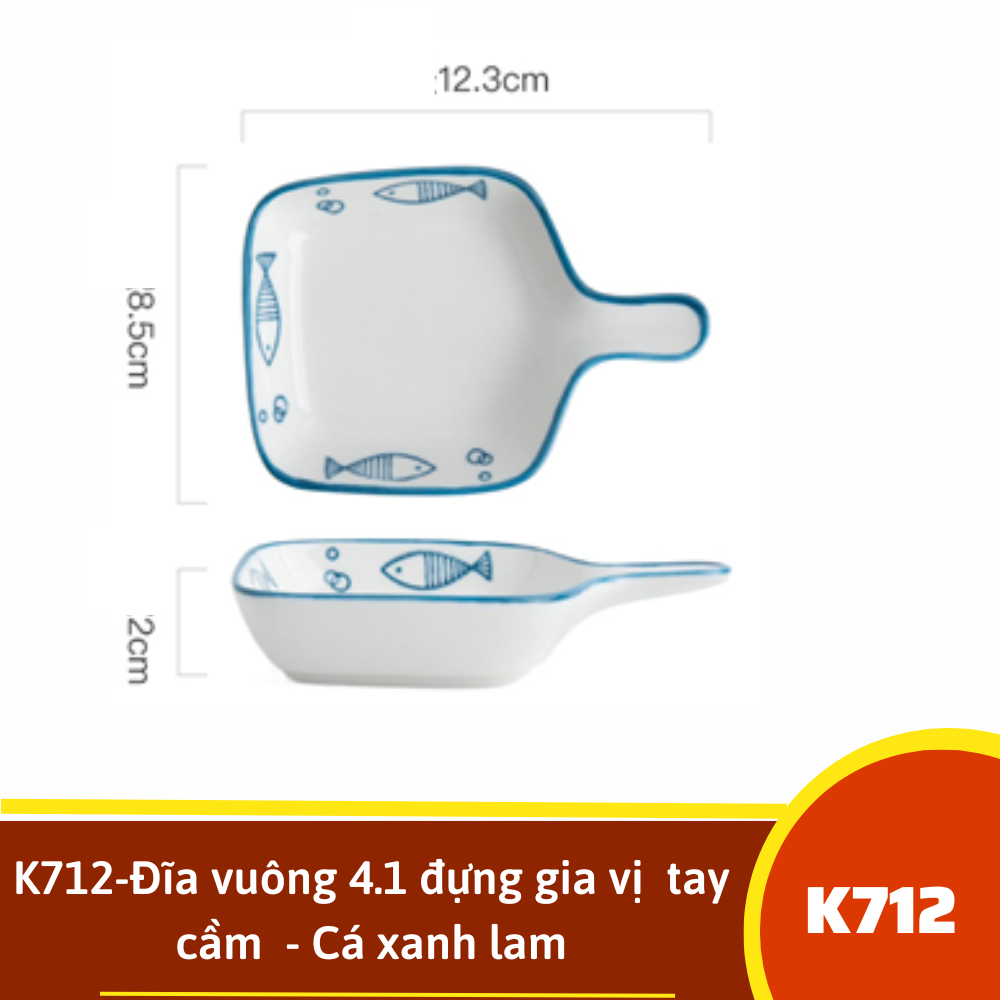 K712-Đĩa vuông 4.1 đựng gia vị  tay cầm  - Cá xanh lam