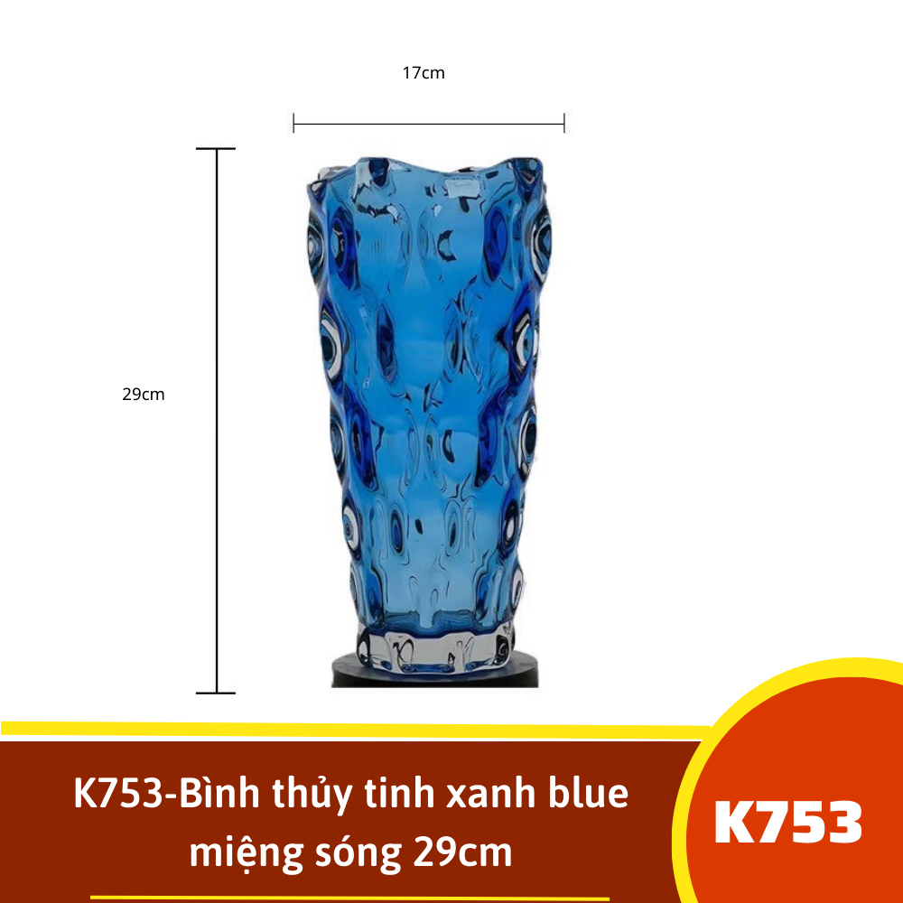 K753-Bình thủy tinh xanh blue miệng sóng 29cm