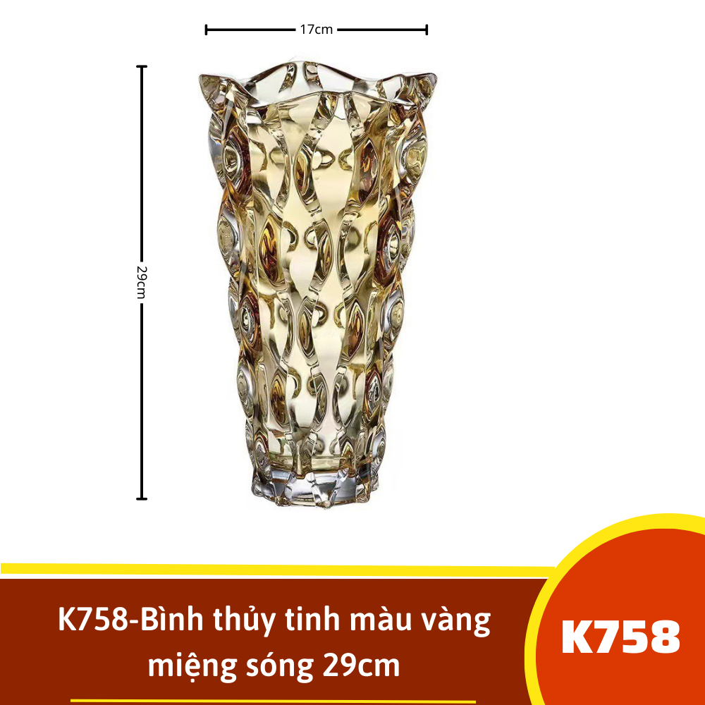 K758-Bình thủy tinh màu vàng miệng sóng 29cm