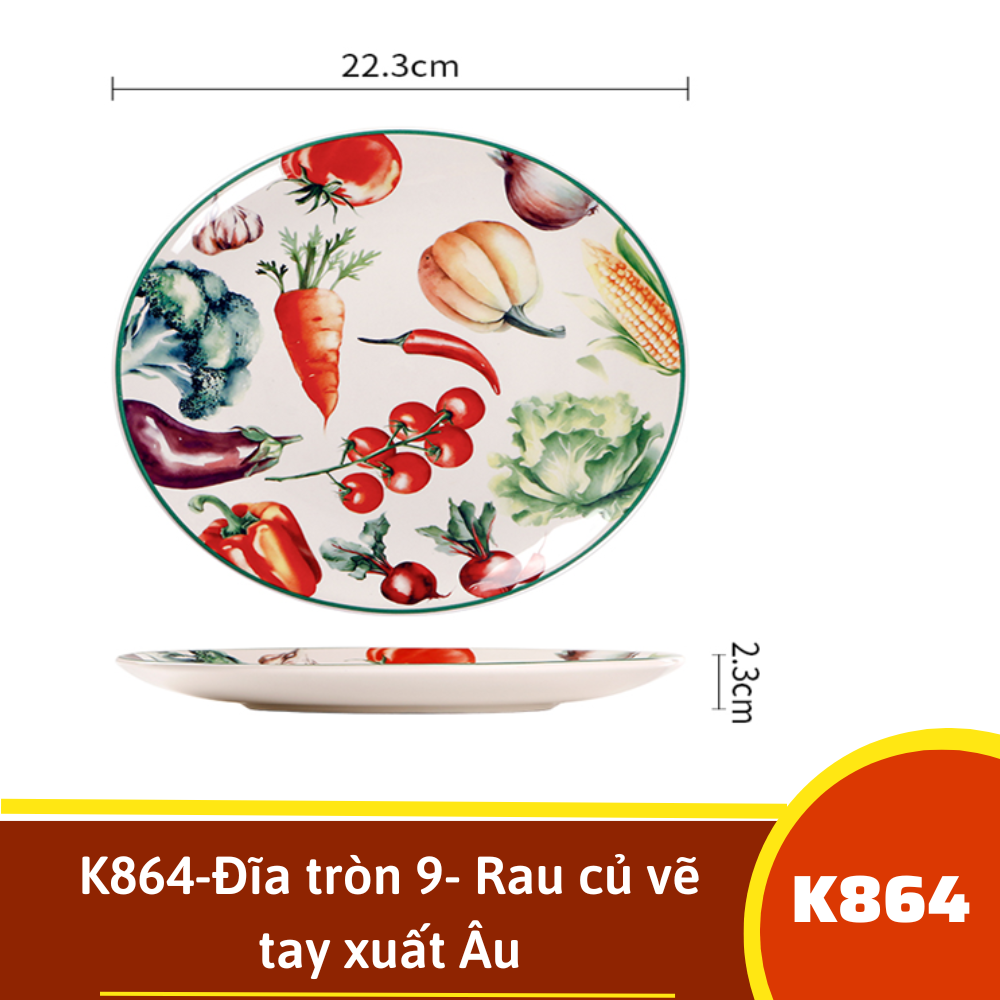 K864-Đĩa tròn 9- Rau củ vẽ tay xuất Âu
