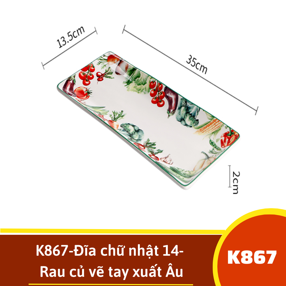 K867-Đĩa chữ nhật 14- Rau củ vẽ tay xuất Âu