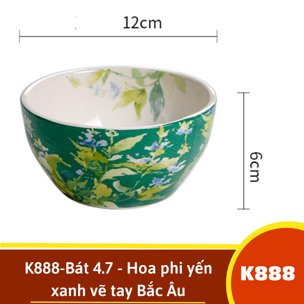 K888-Bát 4.7 - Hoa phi yến xanh vẽ tay Bắc Âu