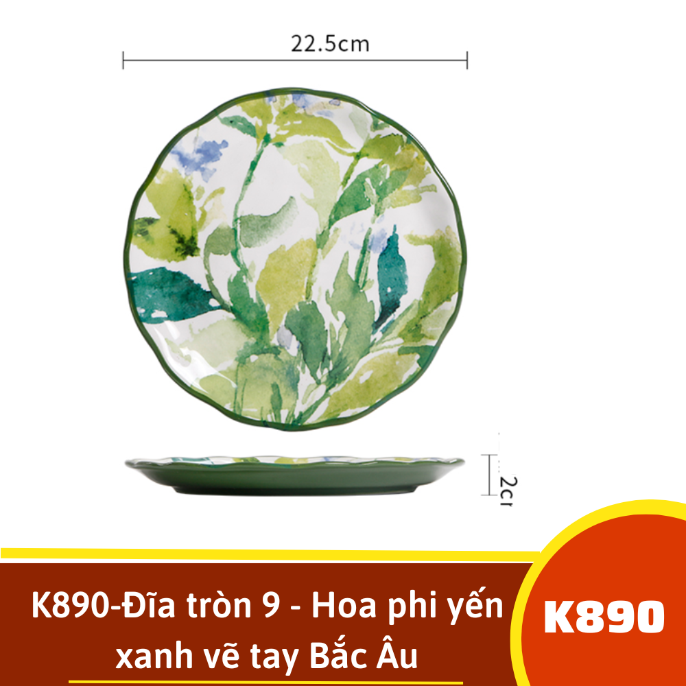 K890-Đĩa tròn 9 - Hoa phi yến xanh vẽ tay Bắc Âu