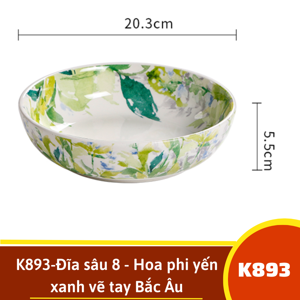 K893-Đĩa sâu 8 - Hoa phi yến xanh vẽ tay Bắc Âu