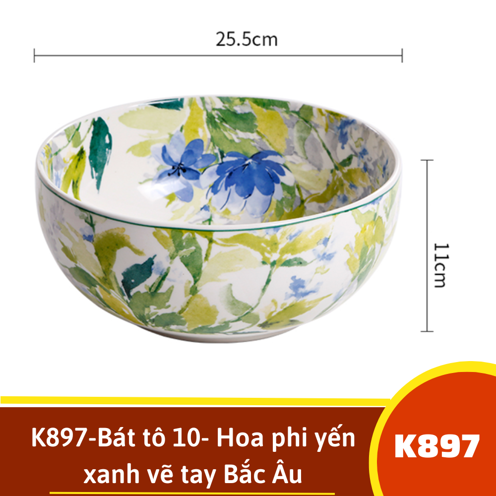 K897-Bát tô 10- Hoa phi yến xanh vẽ tay Bắc Âu