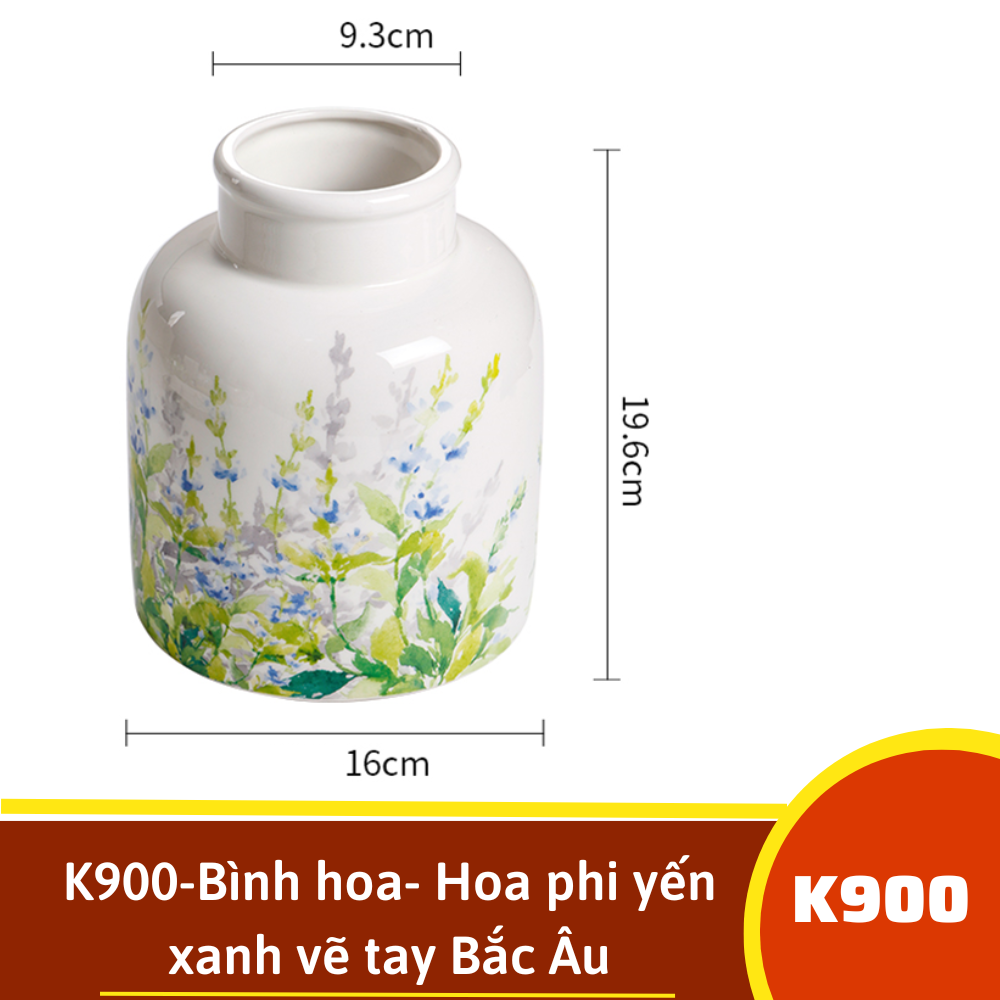 K900-Bình hoa- Hoa phi yến xanh vẽ tay Bắc Âu