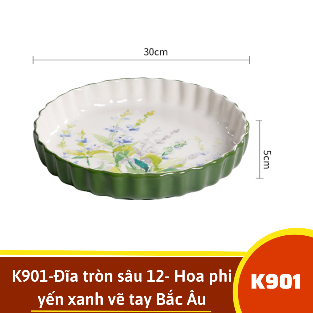 K901-Đĩa tròn sâu 12- Hoa phi yến xanh vẽ tay Bắc Âu
