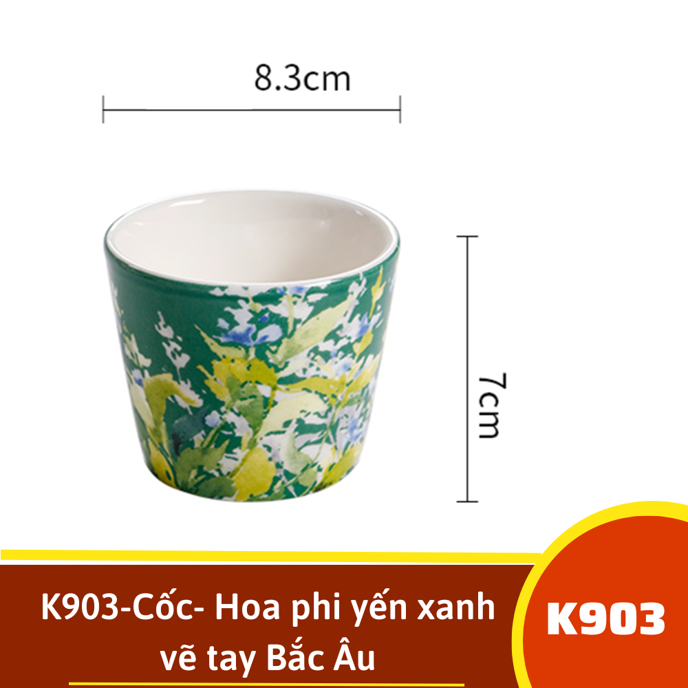 K903-Cốc- Hoa phi yến xanh vẽ tay Bắc Âu