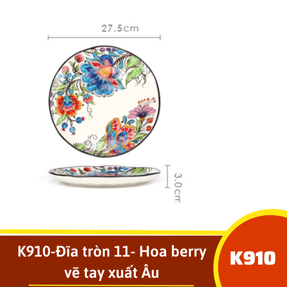 K910-Đĩa tròn 11- Hoa berry vẽ tay xuất Âu