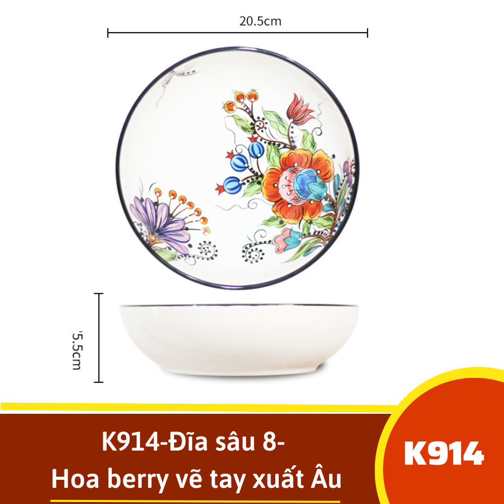 K914-Đĩa sâu 8- Hoa berry vẽ tay xuất Âu