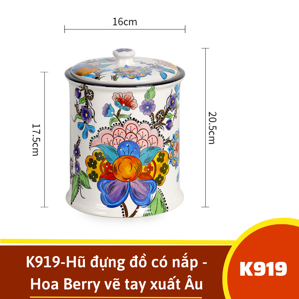 K919-Hũ đựng đồ có nắp - Hoa Berry vẽ tay xuất Âu