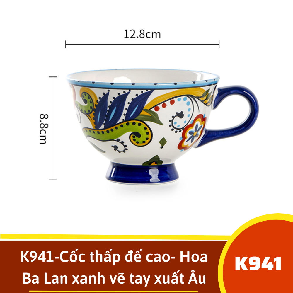K941-Cốc thấp đế cao- Hoa Ba Lan xanh vẽ tay xuất Âu