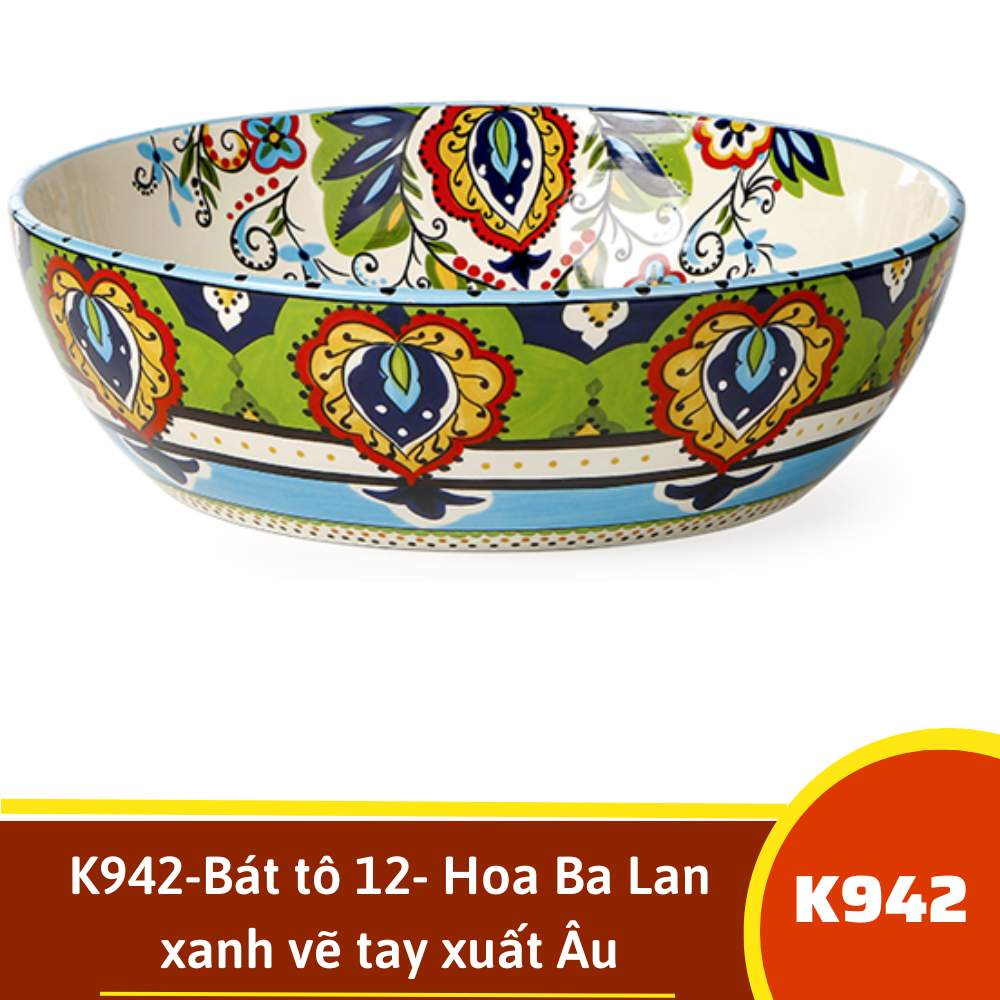 K942-Bát tô 12- Hoa Ba Lan xanh vẽ tay xuất Âu