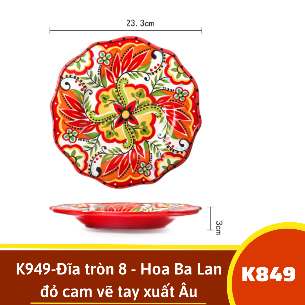 K949-Đĩa tròn 8 - Hoa Ba Lan đỏ cam vẽ tay xuất Âu