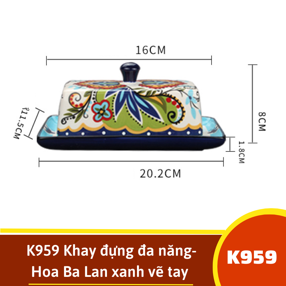 K959 Khay đựng đa năng- Hoa Ba Lan xanh vẽ tay xuất Âu