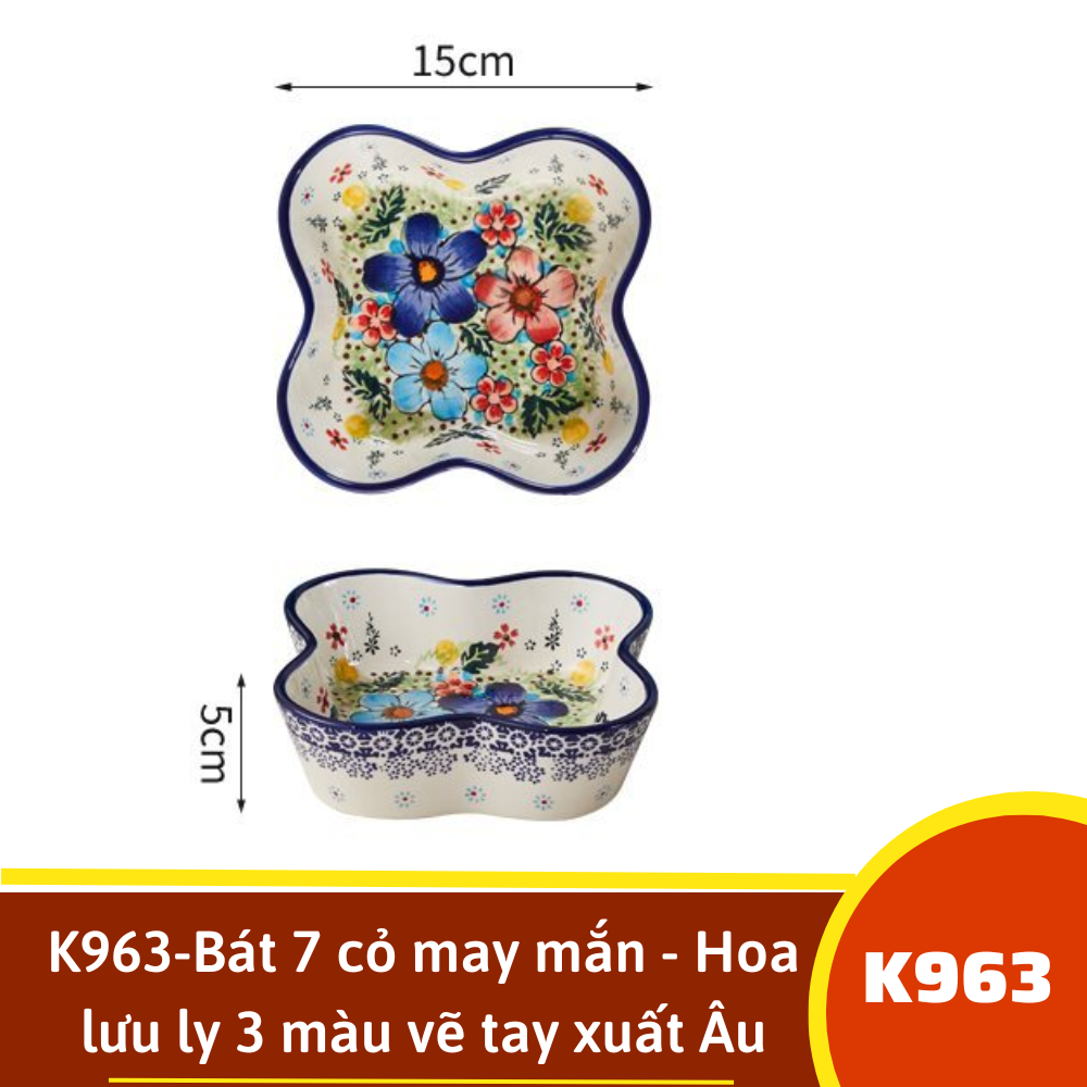K963-Bát 7 cỏ may mắn - Hoa lưu ly 3 màu vẽ tay xuất Âu