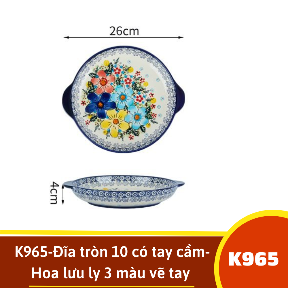 K965-Đĩa tròn 10 có tay cầm- Hoa lưu ly 3 màu vẽ tay xuất Âu