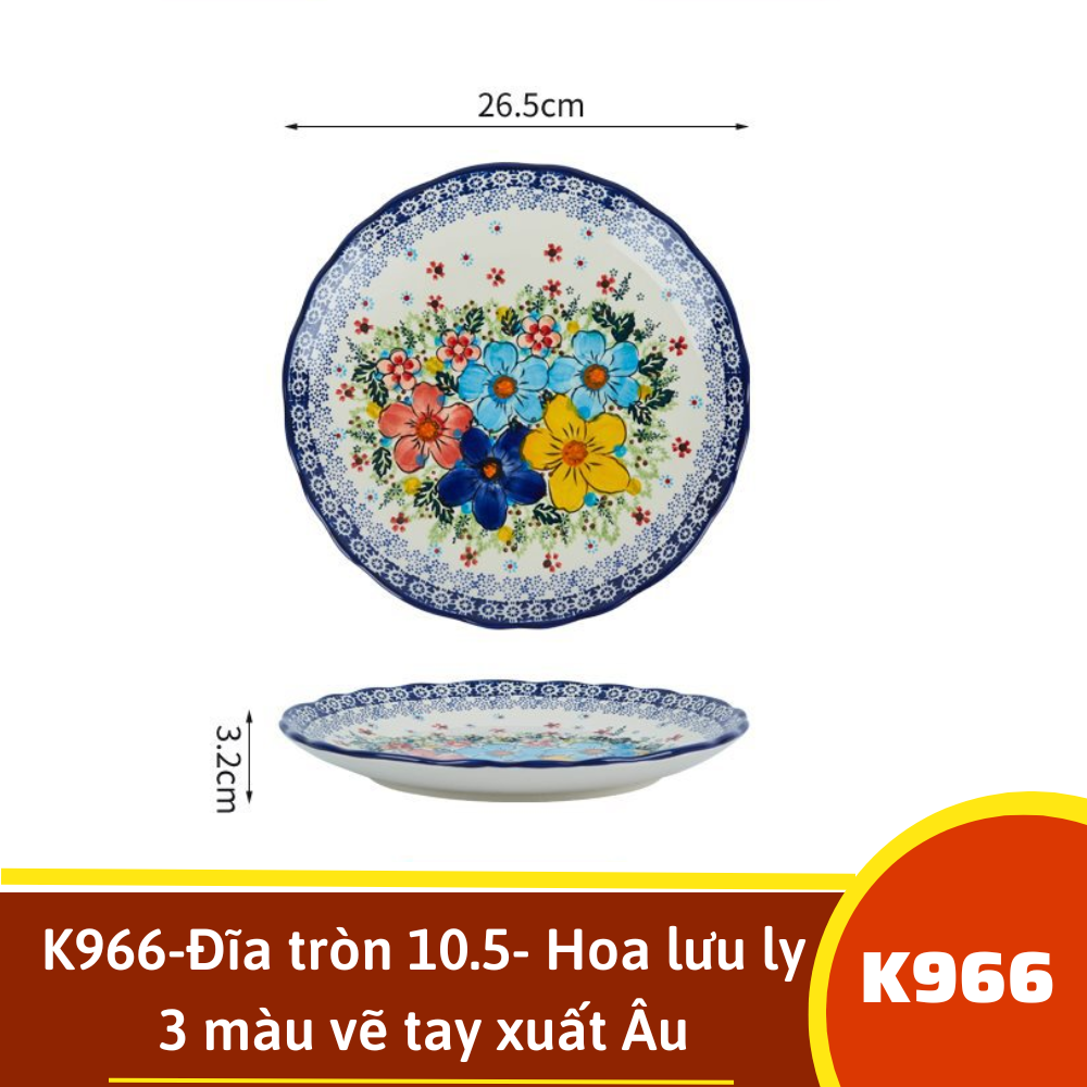 K966-Đĩa tròn 10.5- Hoa lưu ly 3 màu vẽ tay xuất Âu