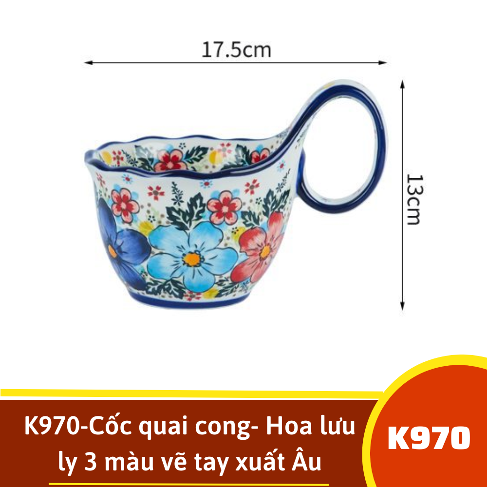 K970-Cốc quai cong- Hoa lưu ly 3 màu vẽ tay xuất Âu