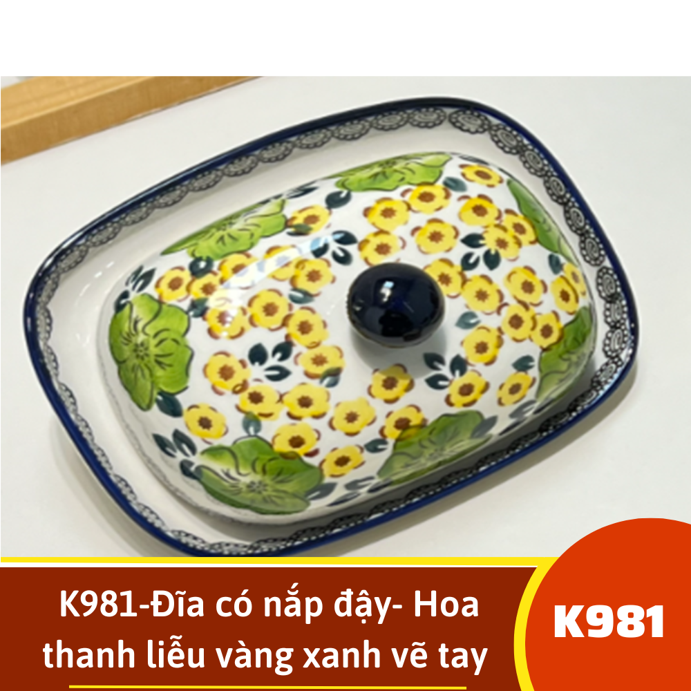 K981-Đĩa có nắp đậy- Hoa thanh liễu vàng xanh vẽ tay xuất Âu