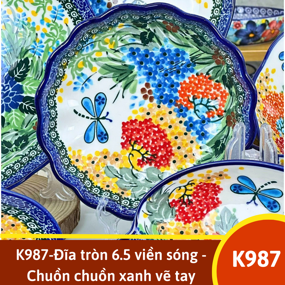 K987-Đĩa tròn 6.5 viền sóng - Chuồn chuồn xanh vẽ tay xuất Âu SAZ