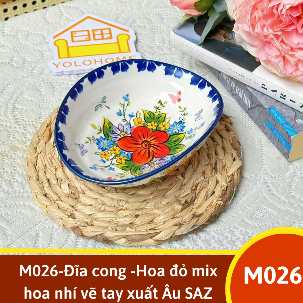 M026-Đĩa cong -Hoa đỏ mix hoa nhí vẽ tay xuất Âu SAZ