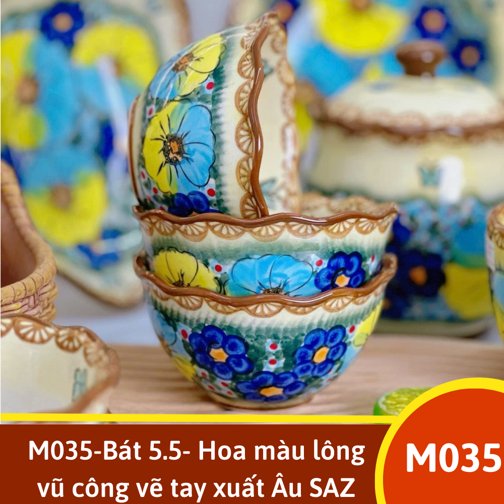 M035-Bát 5.5- Hoa màu lông vũ công vẽ tay xuất Âu SAZ