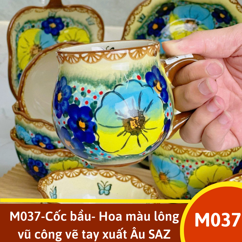 M037-Cốc bầu- Hoa màu lông vũ công vẽ tay xuất Âu SAZ