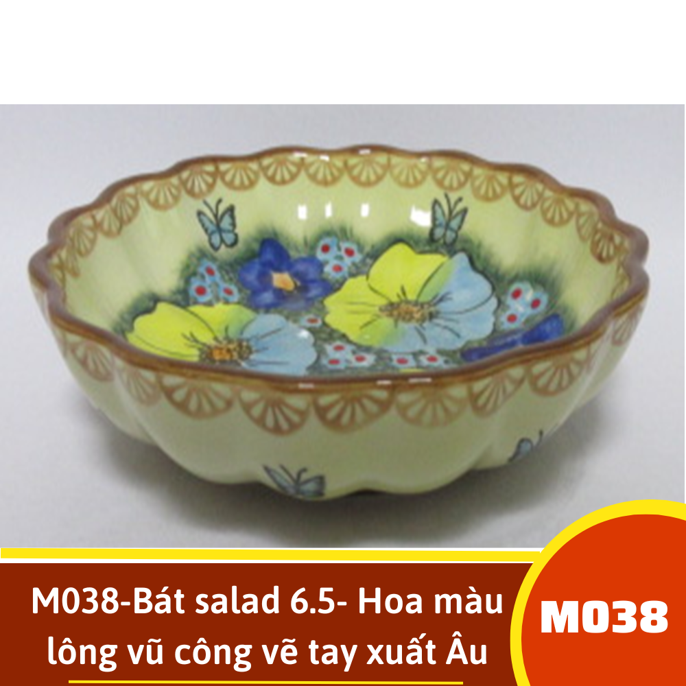 M038-Bát salad 6.5- Hoa màu lông vũ công vẽ tay xuất Âu