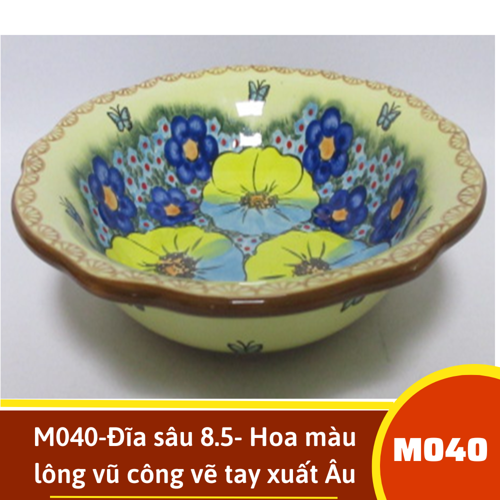 M040-Đĩa sâu 8.5- Hoa màu lông vũ công vẽ tay xuất Âu